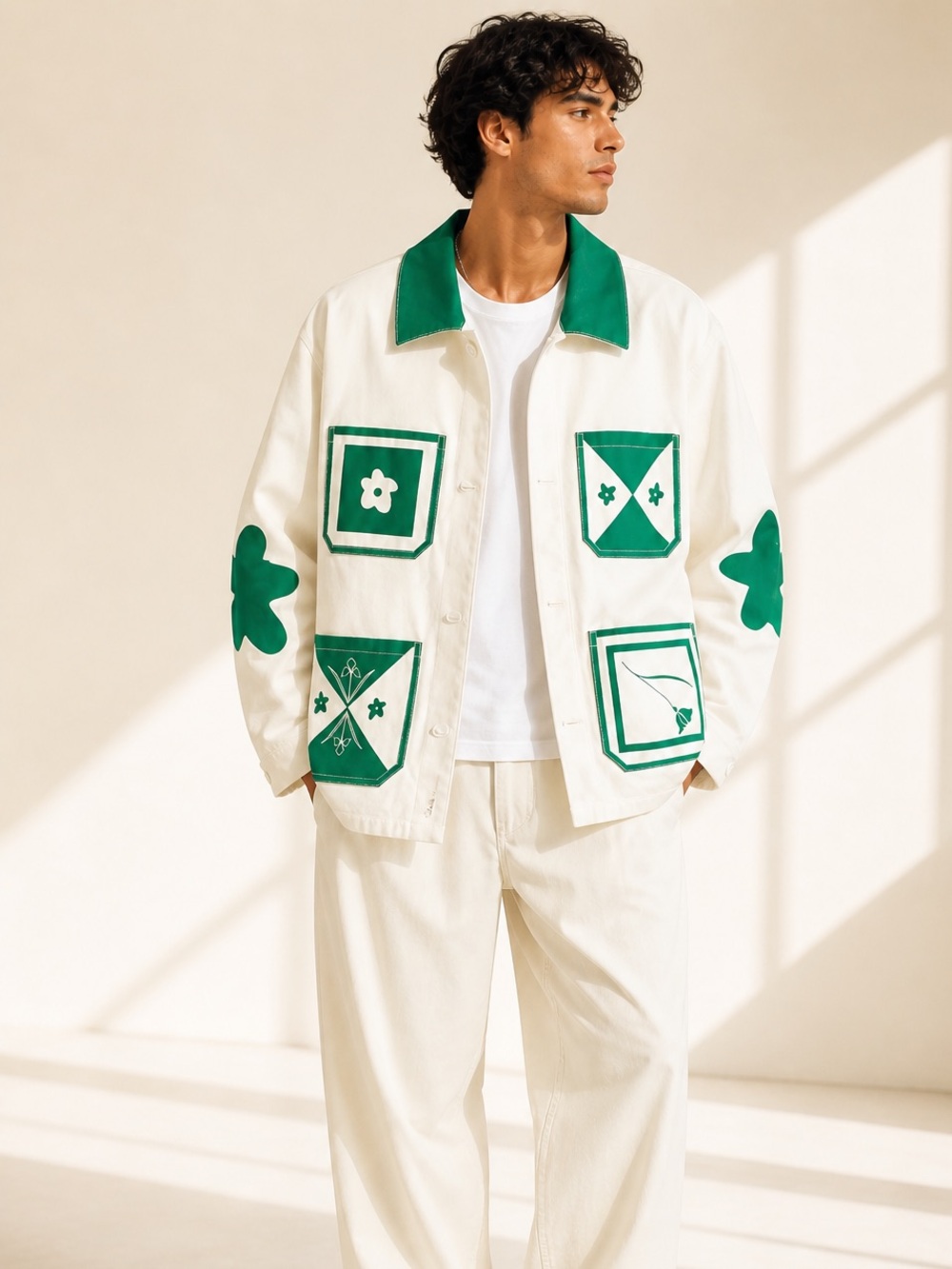 LE CARTEL Statement Cotton Canvas Jacket Graphic Pockets M Oversized Elbow Patch